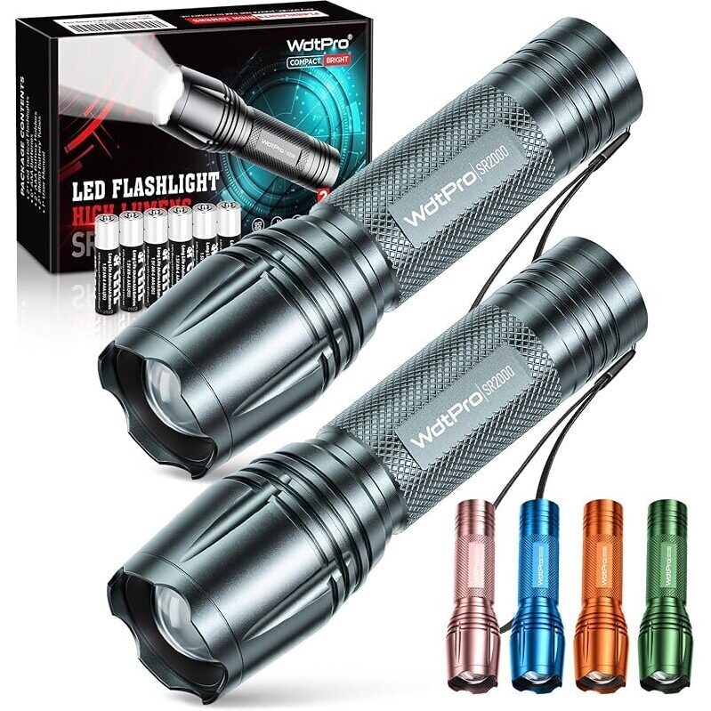 2-Pack SR2000 Pro Mini LED Flashlight with 6 Batteries - High-Performance, Long-Lasting Light