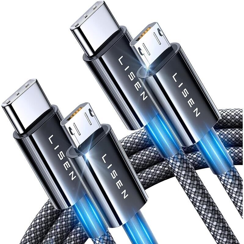2-Pack Lisen USB-C to MicroUSB Cables - Fast Charging & Data Transfer