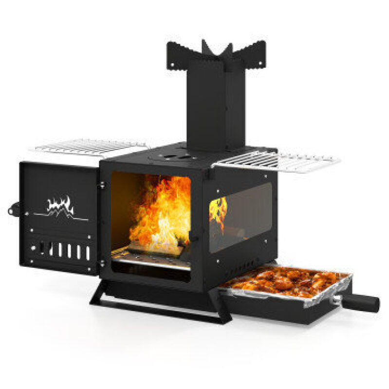 Portable Wood Burning Stove Mini Heater Burner with Pot Rack and Oven Pan