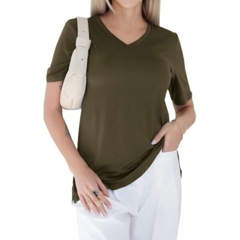 Army Green V Neck T Shirts for Women - Soft Short Sleeve Basic Tees Comfortable Spring Summer Casual Trendy Tops