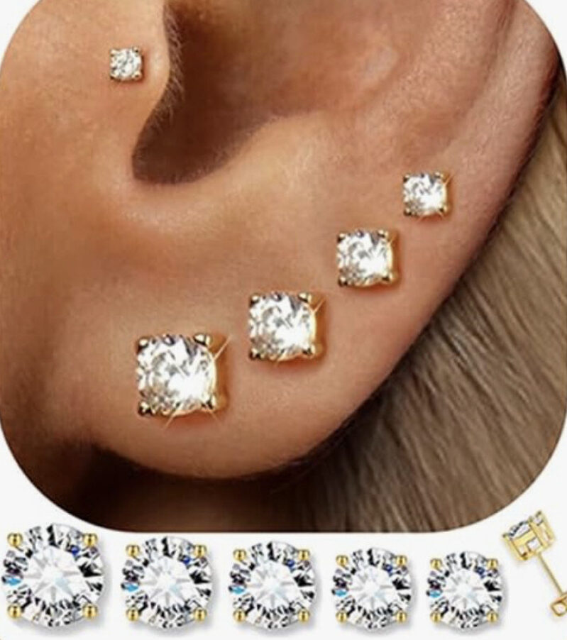 Affordable 14K Gold-Plated Cubic Zirconia Studs - 5 Pairs!