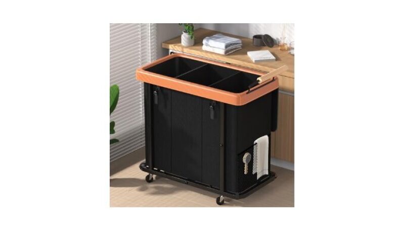 60 Gal Laundry Hamper with 3 Sections - Stylish Black Leather Patchwork