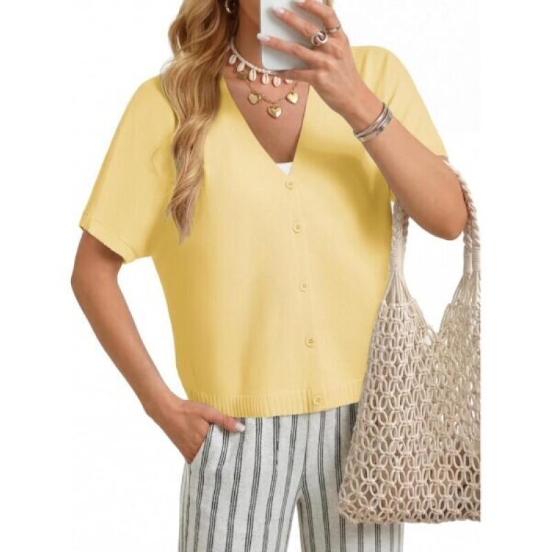 GRACE KARIN Yellow Short Sleeve Lightweight Cardigan Sweaters -50% Off