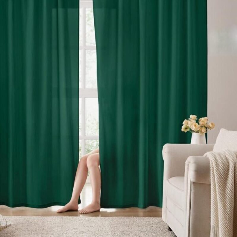 Non-See-Through Dark Green Privacy Semi Sheer Curtains - 84 Inches Long 2 Panels Set