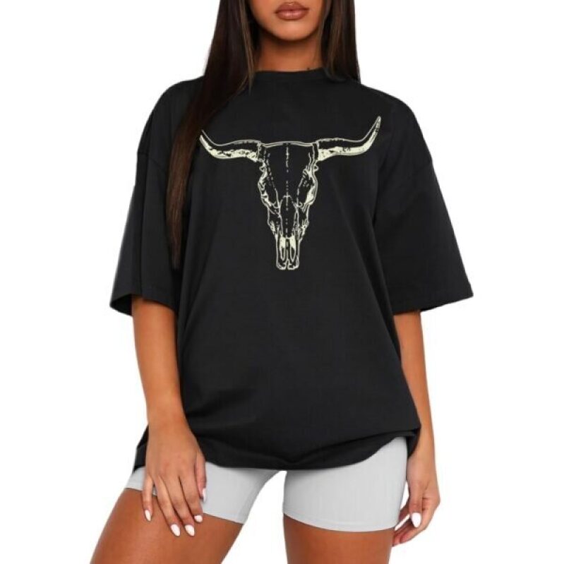 MAPICK Womens Short Sleeve Trendy Tops Cotton Oversized Cow Skull Graphic Tee Tops Retro Cowgirls Clothing