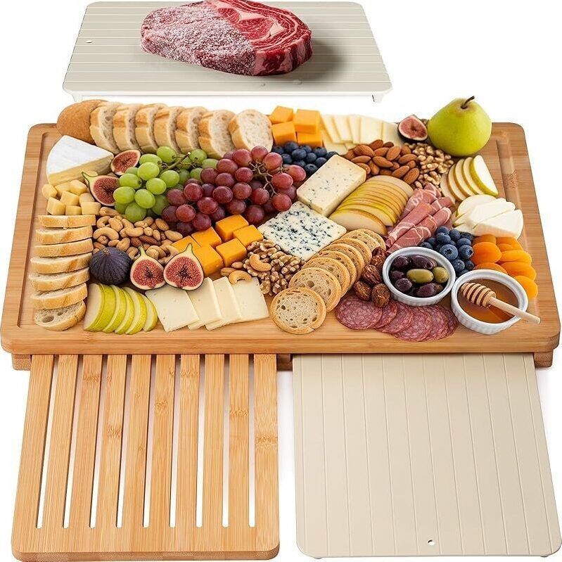 Kikcoin Bamboo Cutting Board Set with Defrosting Tray - Sustainable, Durable, Easy Clean