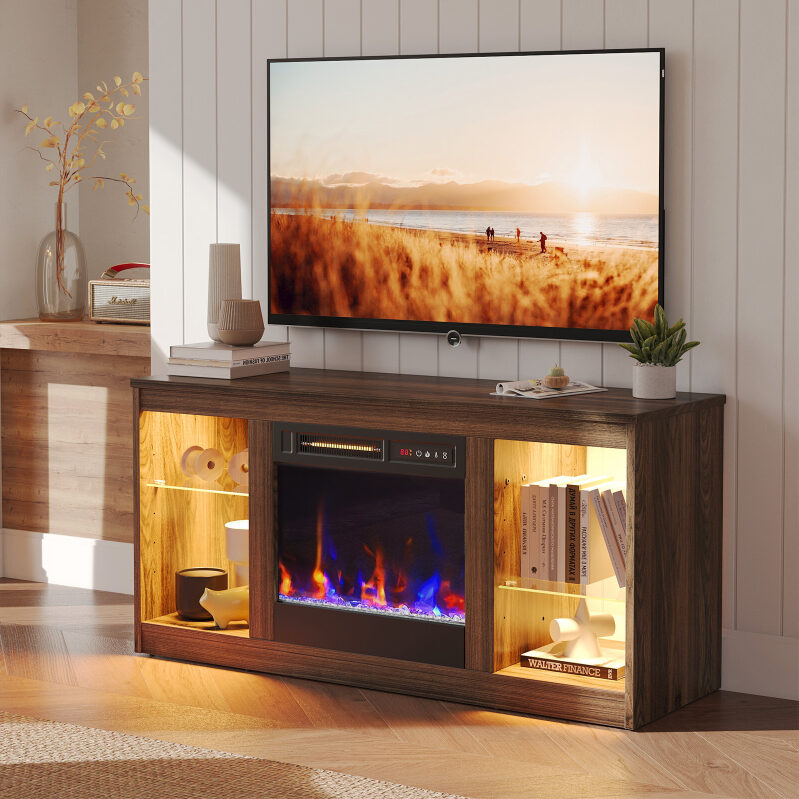 Bestier Modern Electric Fireplace TV Stand with Glass Shelves