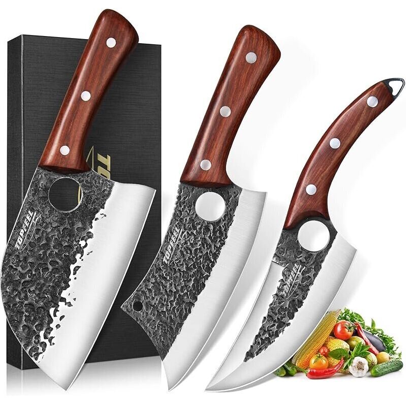 Topfeel Full Tang Anti Rust Butcher Knife Set - High-Quality 3-Piece