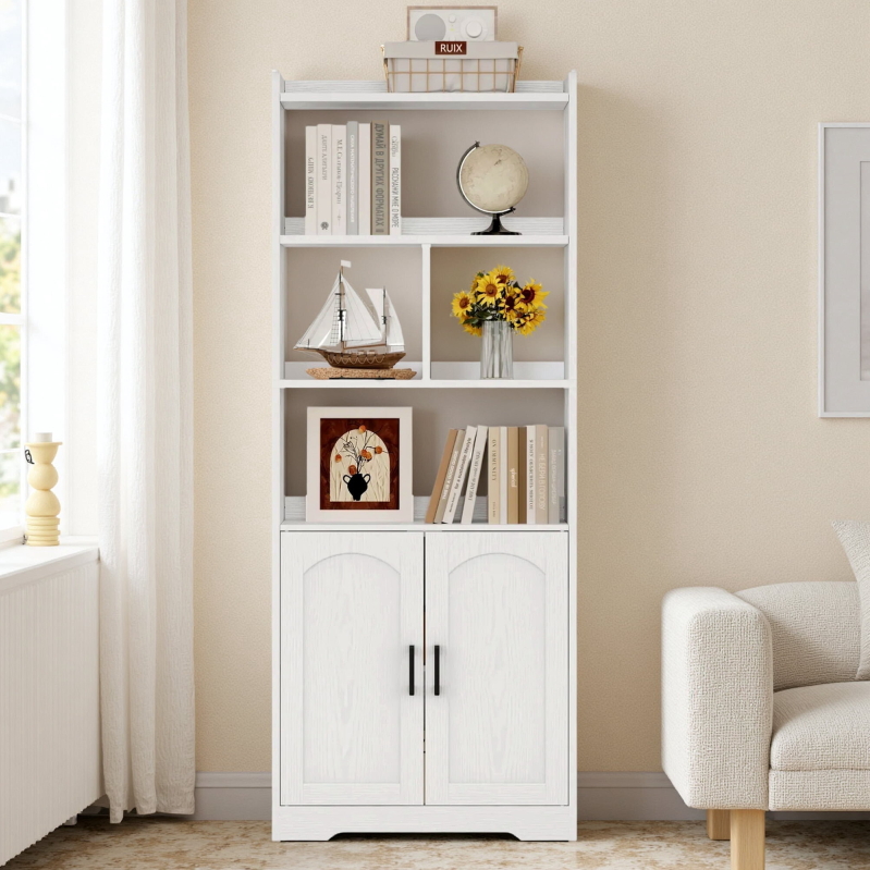LIKIMO 63-Inch Tall Bookcase with Doors - Sleek White Finish