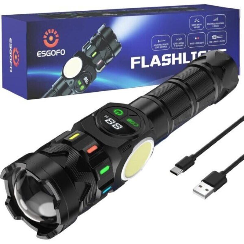 Esgofo Rechargeable Flashlights High Lumens 100000, Long-Lasting LCD Display, Super Bright 50W LED