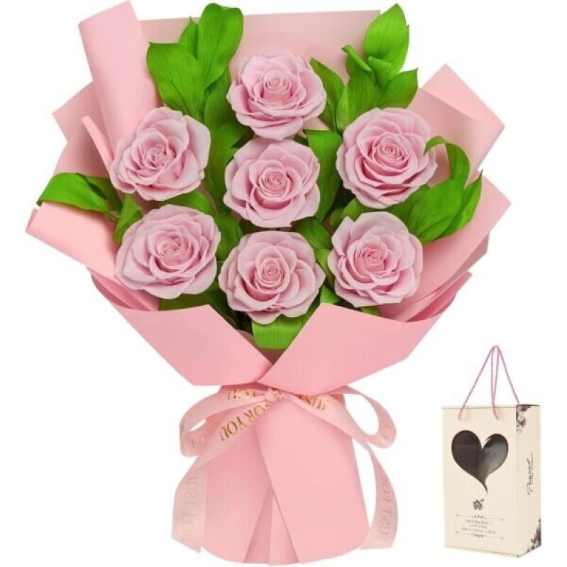 7 Pink Preserved Flowers Bouquet - Long-Lasting Real Roses for Special Occasions