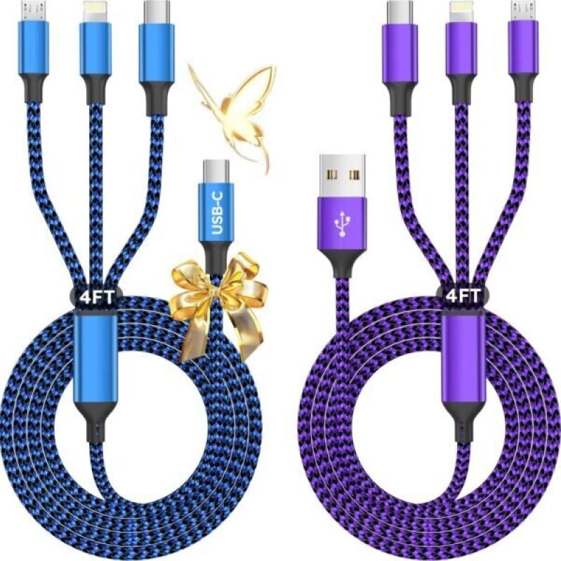 3 in 1 USB Cable for iPhone, iPad, Galaxy, Kindle - 2 Pack 4FT