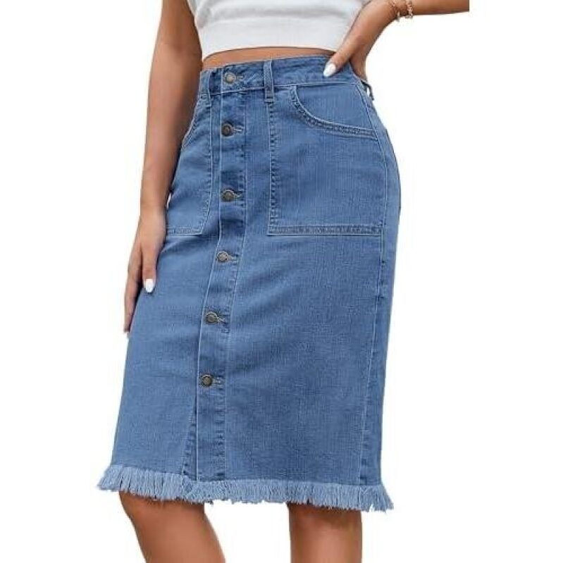 Mid-Rise Denim Skirt with Button and Fringe - 50% Discount