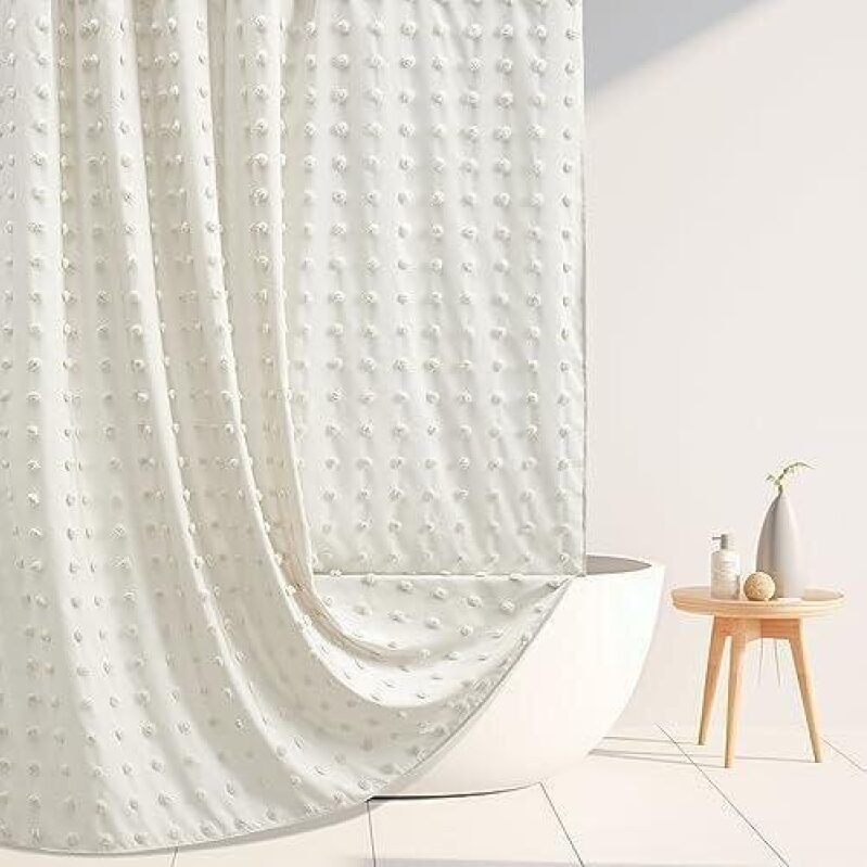 Bohemian Textured Bath Curtain - 60x72 Inches with Tassels, Floral Pattern, Cream