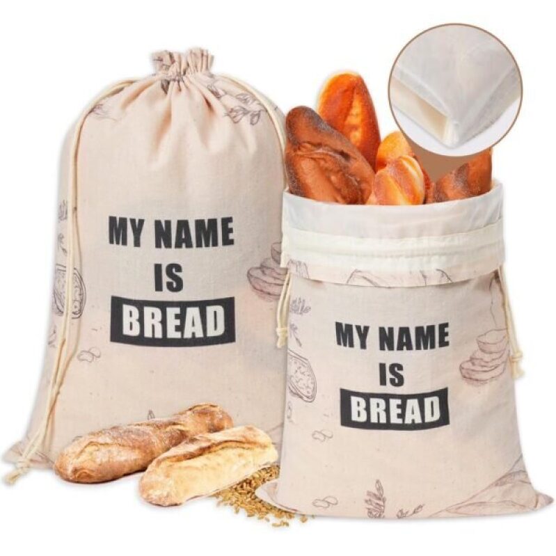 Durable Organic Linen Bread Bags with Plastic Liner - 2 Packs