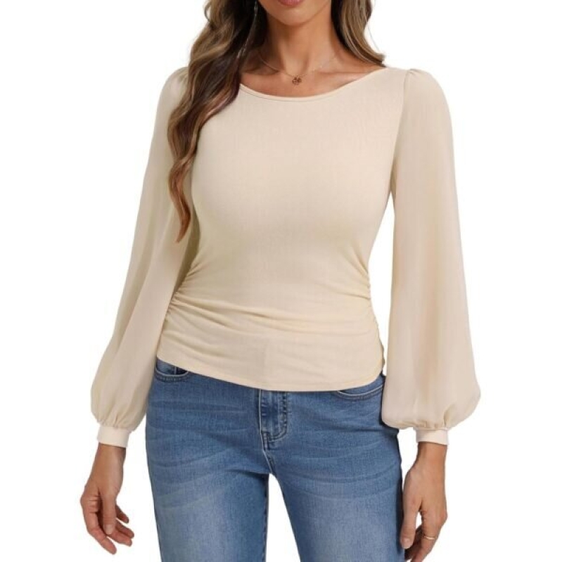 Elegant Beige Mesh Long Sleeve Blouse with Bow Tie Back - 56% Off