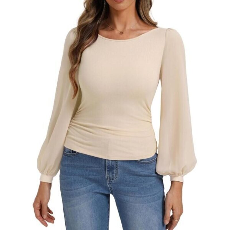Elegant Beige Mesh Long Sleeve Blouse with Bow Tie Back - 56% Off