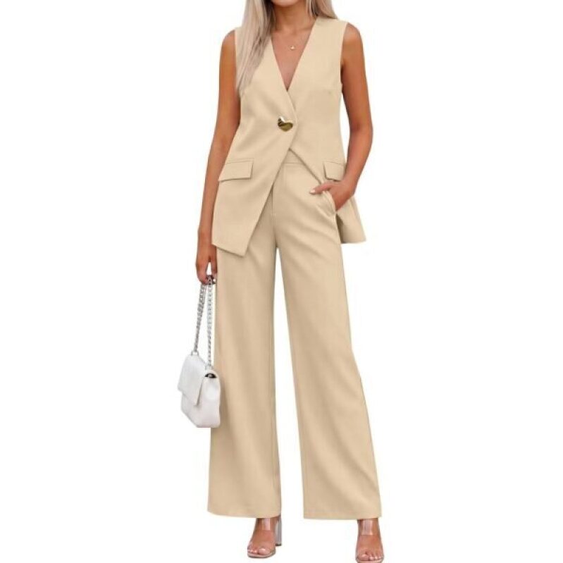Stylish KIRUNDO Women's 2 Piece Sleeveless Blazer Vest Wide Leg Pantsuit Set - Perfect for Business Casual