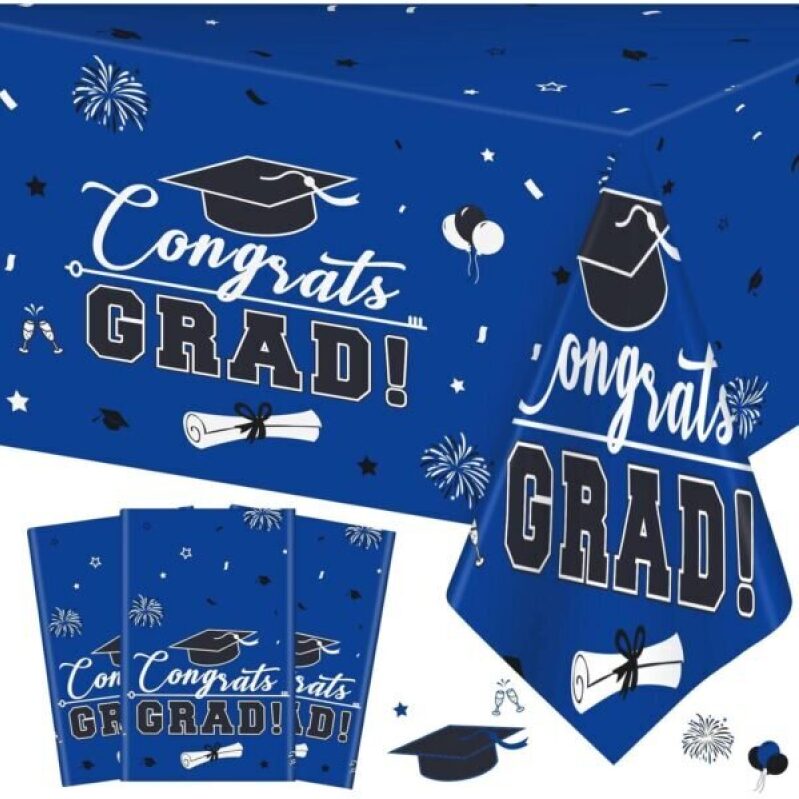 3 Pcs Graduation Tablecloth Set for Class of 2026 – Blue Disposable Plastic Table Cover with Napkins, 54 x 108 Inch