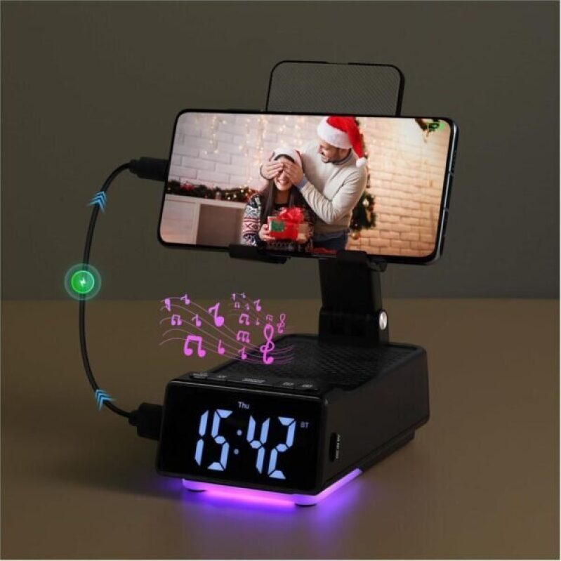 7-in-1 Phone Stand Bluetooth Speaker: Alarm Clock, Wireless Charger, Light, USB Playback & Hands-Free Calling - 64% Off
