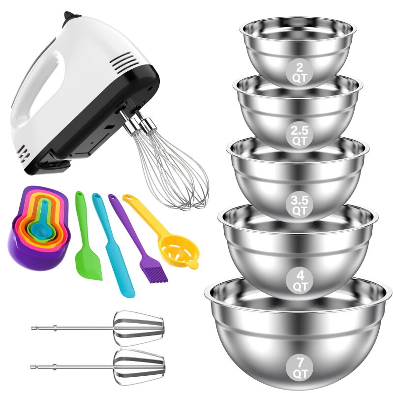 7-Speed Electric Hand Mixer & 5-Piece Mixing Bowls Set - Ultimate Kitchen Tool