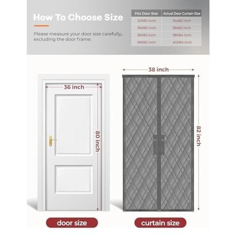 Magnetic Insulated Door Curtain - 36x80 Inches, Thick Cotton Fill
