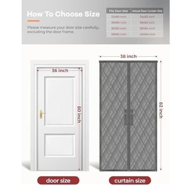 Magnetic Insulated Door Curtain - 36x80 Inches, Thick Cotton Fill