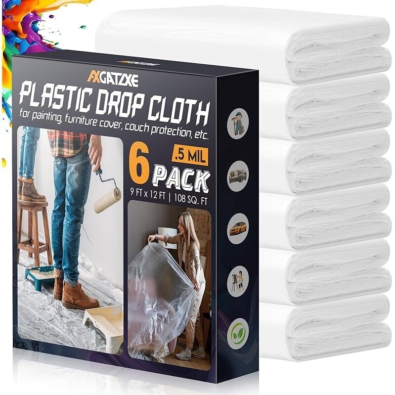 Axgatoxe 12 x 9Ft Plastic Drop Cloths 6-Pack for Painting and Furniture Protection