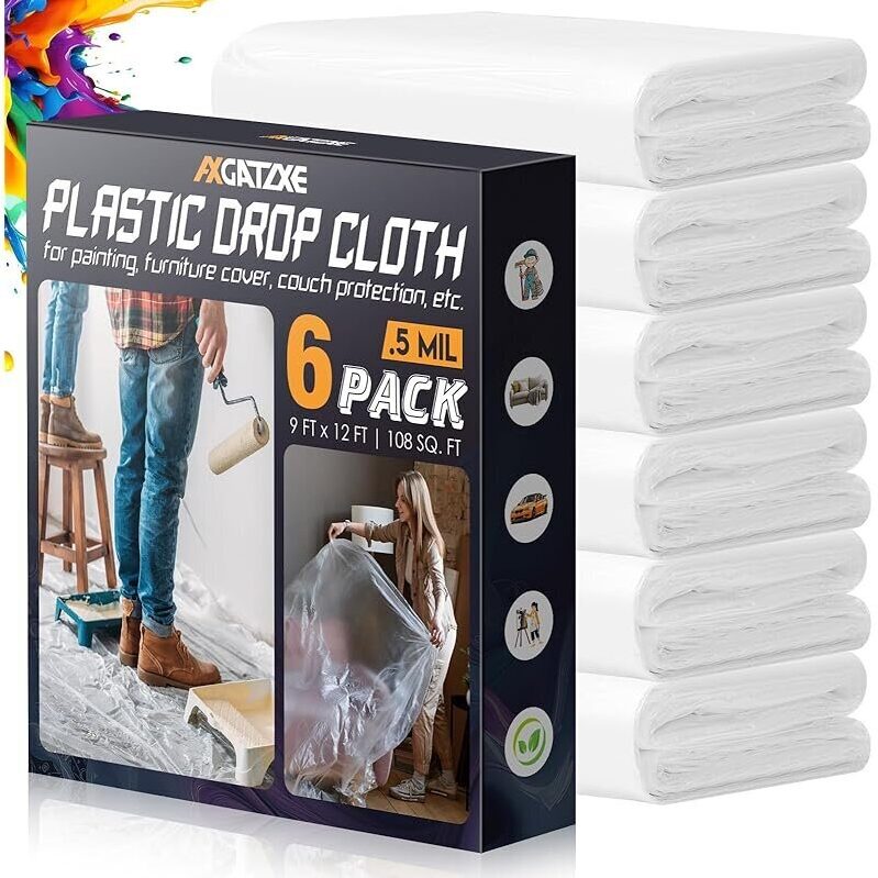 Axgatoxe 12 x 9Ft Plastic Drop Cloths 6-Pack for Painting and Furniture Protection