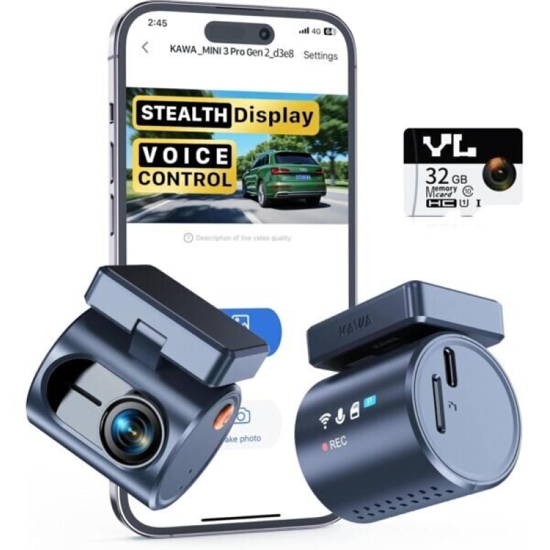 Affordable KAWA 2K Dash Cam with Voice Control and Stealth Display