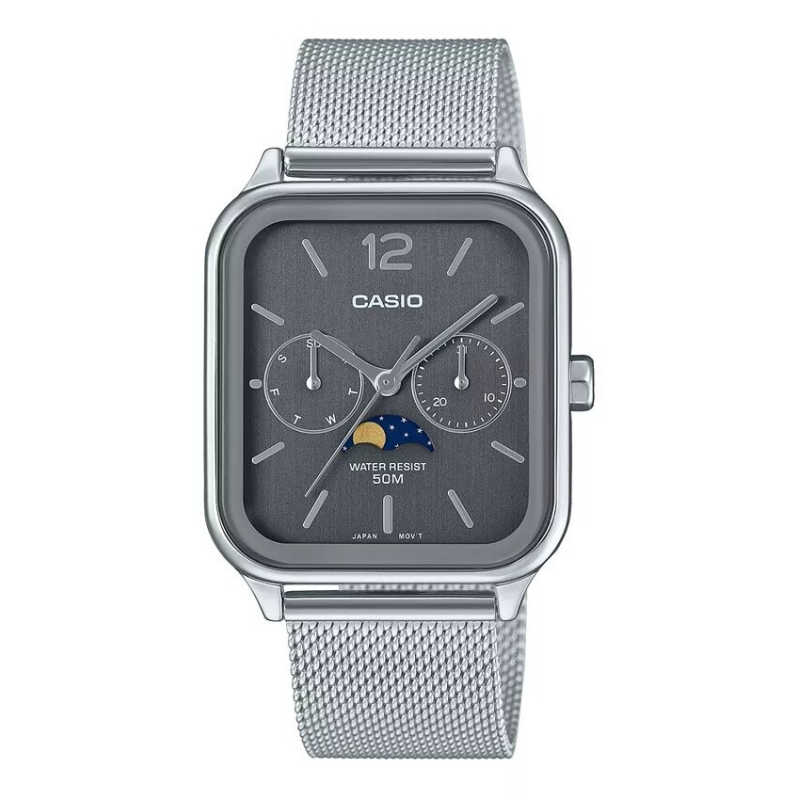 Casio Mens Silver-Tone Stainless Steel Watch with Lunar Phase Tracking