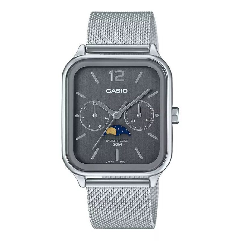 Casio Mens Silver-Tone Stainless Steel Watch with Lunar Phase Tracking