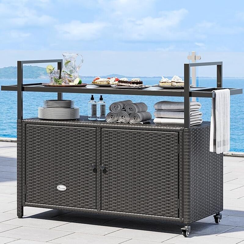 Large Outdoor Kitchen Wicker Island Rolling Cart - Perfect for Entertaining