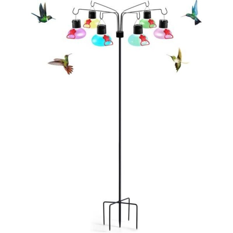 Pozfun Solar Hummingbird Feeders for Outdoors - 6 Stations, Never Leak, Garden Decor