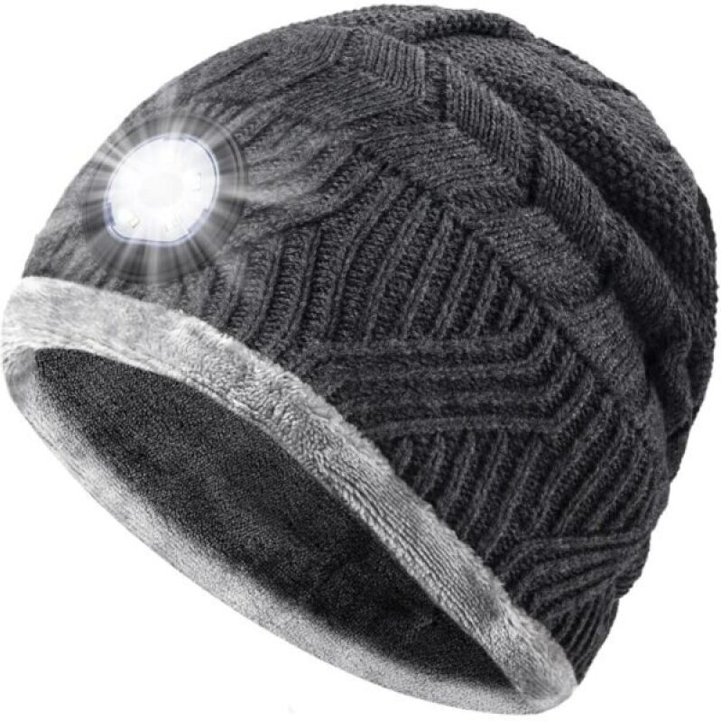 HIGHEVER LED Beanie Hat - Men's Short Socks Gift, Women's Flashlight Beanie Hat, Wool Beanie with Headlamp, Winter Gray Running Cap