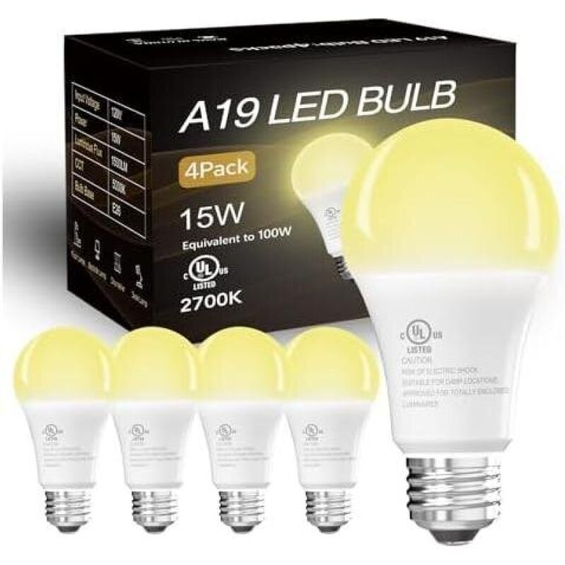 A19 LED Bulbs 4-Pack, 15W, 2700K Warm Light, 100W Equivalent, 52% OFF