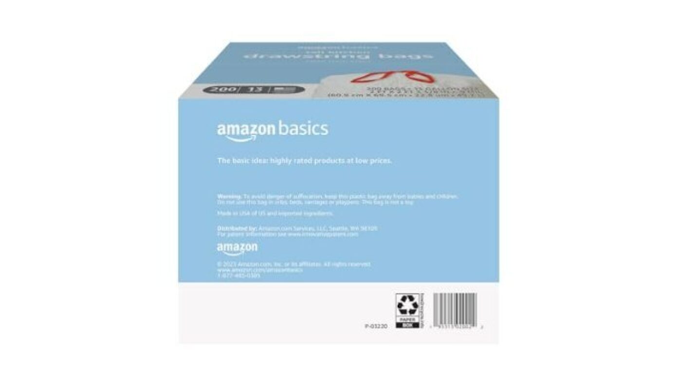 Amazon Basics Tall Kitchen Drawstring Trash Bags, 13 Gallon, 200 Count