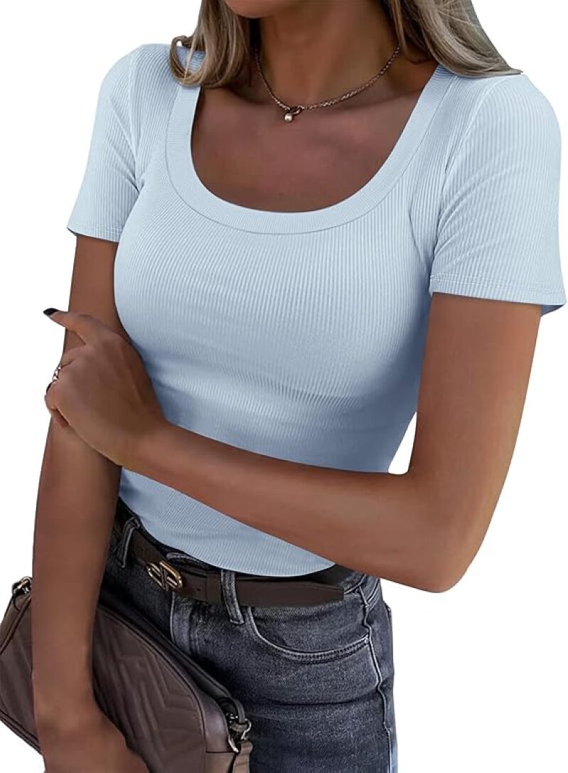 GKBK Women’s Ribbed Short Sleeve Scoop Neck Slim Fit Tee – Stretchy Basic Summer Top 2026 Trendy Outfit Essential