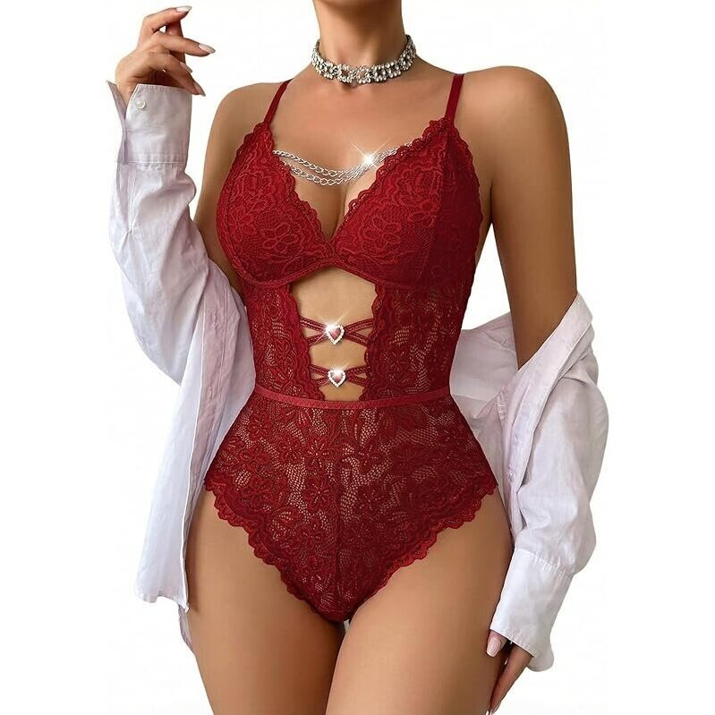 Elegant Red Lace Bodysuit with Heart Detail - Perfect for Special Occasions