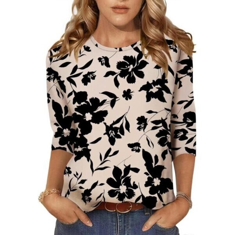 NORACORA Women's Floral Print 3/4 Sleeve Crew Neck T-Shirt - Cream - 45% Off