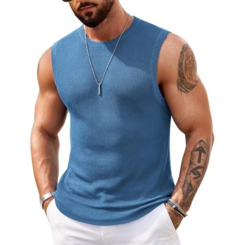 Men's Knitted Sleeveless Tank Tops - Blue - 45% Off