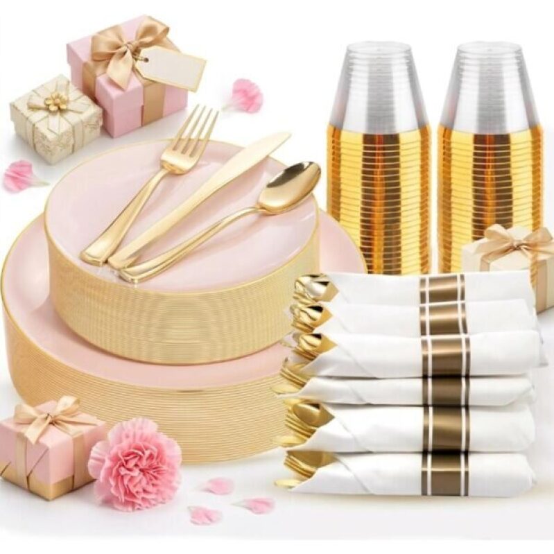 KIRE 175PCS Pink Plates Disposable – Heavy Duty Plastic Plates Dinnerware Sets