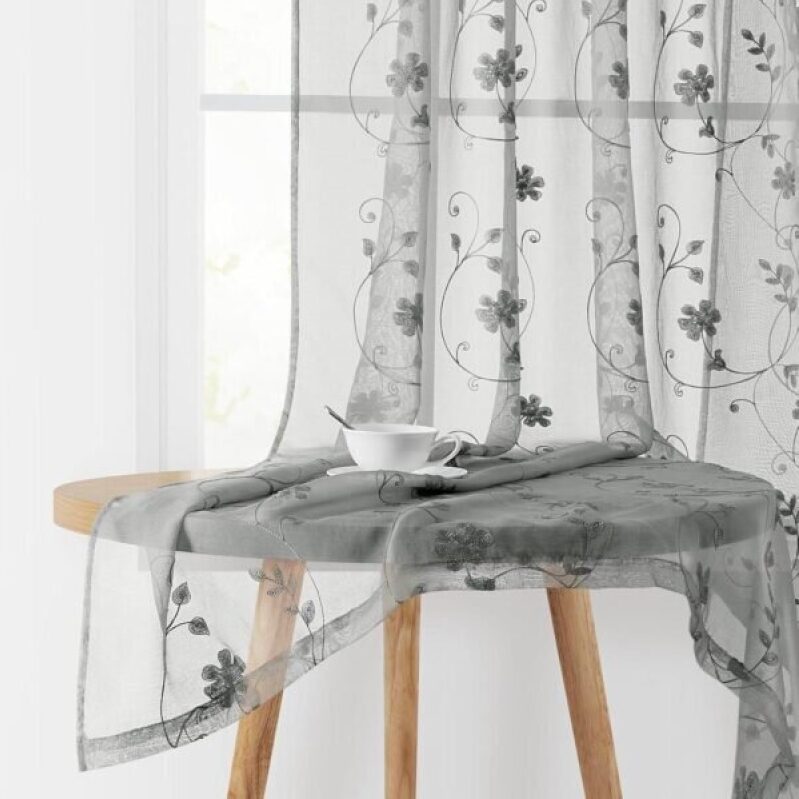 Grey Sheer Curtains 63 Inches Long 2 Panels - Elegant Floral Embroidered Curtains for Bedroom and Living Room