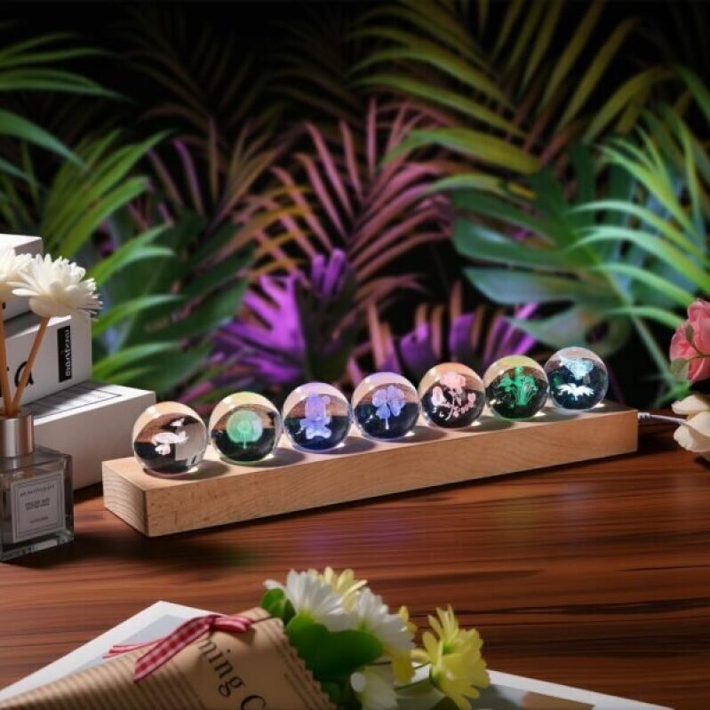 7 Pcs Flower Crystal Ball Night Light - LED Wooden Base - 50% Off
