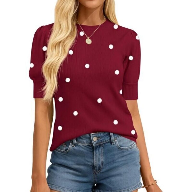 Polka Dot Puff Short Sleeve Sweater for Women - 60% Off