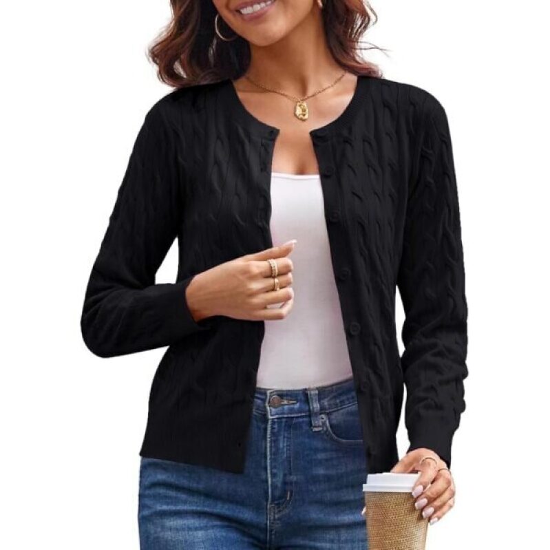 GRACE KARIN Women's Lightweight Cable Knit Button Up Cardigan - Black M