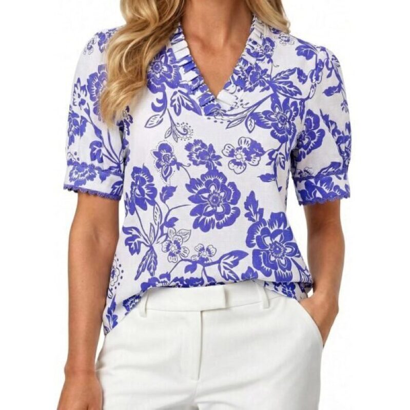 Elegant Bohemian Floral Top - Summer Puff Sleeve Casual Shirt, 2026 Spring V-Neck Vacation Work Blouse, Blue/White XXL -50% Discount