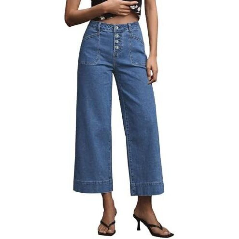 Vintage Button-Up High-Waisted Wide-Leg Denim Pants - 40% Off