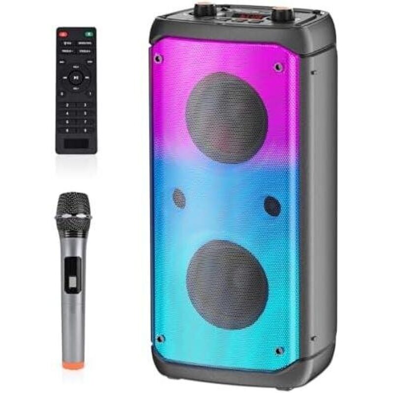 Portable Bluetooth Speaker with Remote, LED Lights, and Karaoke Microphone