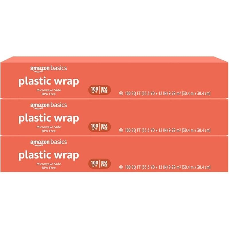 3-Pack Amazon Basics Plastic Food Wrap, 100 Sq Ft - Microwave Safe, BPA Free